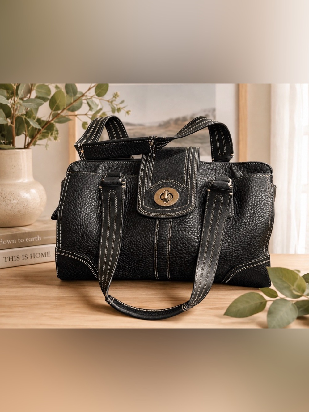 Coach Black Pebbled Leather Hampton Satchel bag with silver Turn-Lock F13961